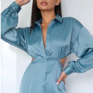 Sz 0 Teal Satin Cut Out Tie Back Midi Shirt Dress